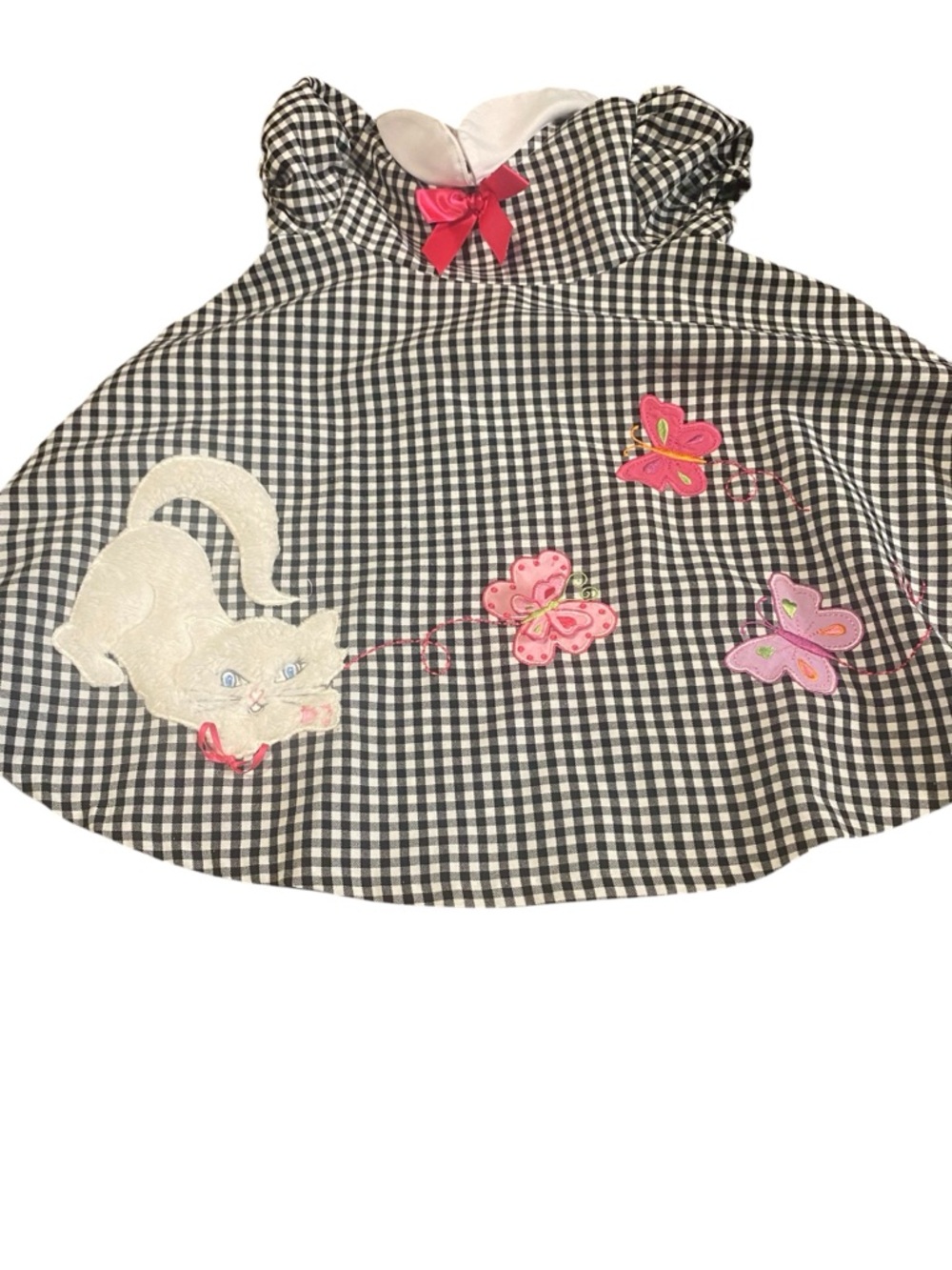 Bonnie Jean Black and White Gingham Cat Dress with Pink Trim